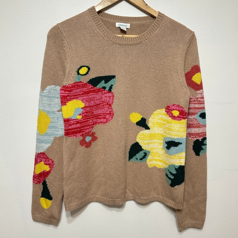 Sundance Floral Knit Crew Sweater Womens Small Pullover Artsy Viscose Lambswool